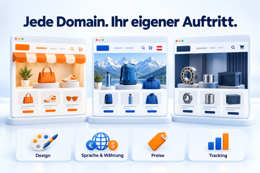 Jede Domain erhält eigene Einstellungen für Design, Sprache und Währung, Preise und Tracking.