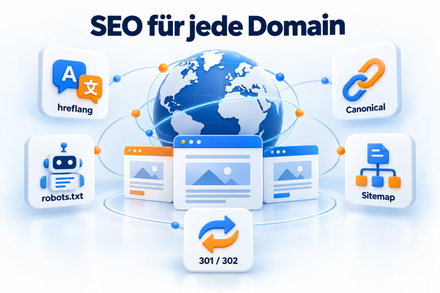 SEO-Werkzeuge je Domain: hreflang, Canonical, robots.txt, Sitemap und Weiterleitungen als 301 oder 302.