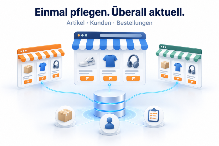 Mehrere Shop-Auftritte nutzen eine zentrale Datenbasis für Artikel, Kunden und Bestellungen.